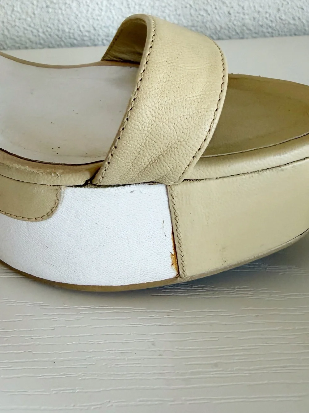 Chanel Beige White Leather Wedge Sandals CC Logo Ankle Tie Size EU 37